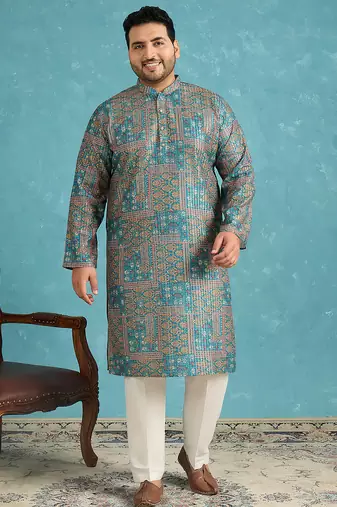 blue printed silk blend kurta