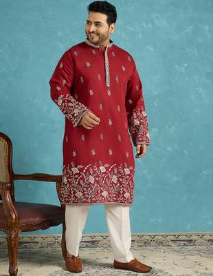 Men’s maroon embroidered silk blend kurta – traditional ethnic wear for wedding & festive occasions 3
