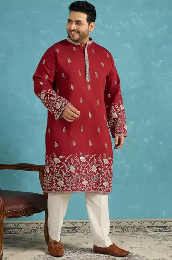 Men’s maroon embroidered silk blend kurta – traditional ethnic wear for wedding & festive occasions
