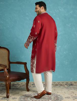 Men’s maroon embroidered silk blend kurta – traditional ethnic wear for wedding & festive occasions 4