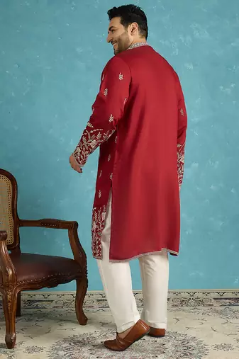 Men’s maroon embroidered silk blend kurta – traditional ethnic wear for wedding & festive occasions