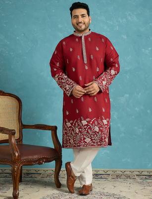 Men’s maroon embroidered silk blend kurta – traditional ethnic wear for wedding & festive occasions 5
