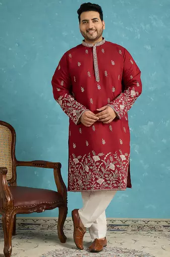 Men’s maroon embroidered silk blend kurta – traditional ethnic wear for wedding & festive occasions