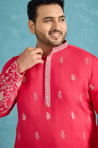 pink embroidered silk blend kurta