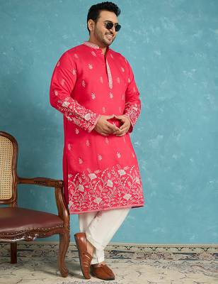 pink embroidered silk blend kurta traditional ethnic wear for wedding & festive occasions 2