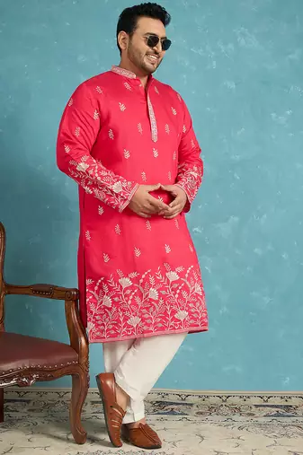 pink embroidered silk blend kurta