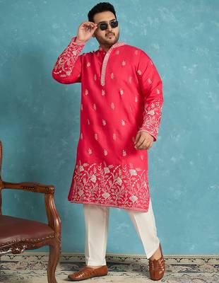 pink embroidered silk blend kurta traditional ethnic wear for wedding & festive occasions 3