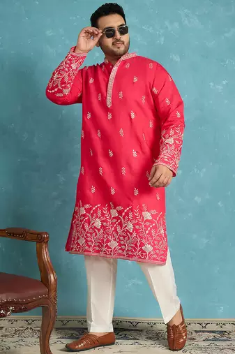 pink embroidered silk blend kurta