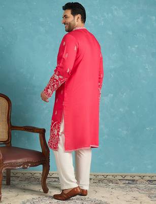pink embroidered silk blend kurta traditional ethnic wear for wedding & festive occasions 4