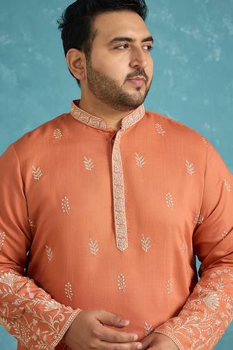 Men’s peach embroidered silk blend kurta – traditional ethnic wear for wedding & festive occasions
