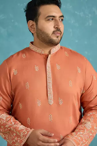 Men’s peach embroidered silk blend kurta – traditional ethnic wear for wedding & festive occasions