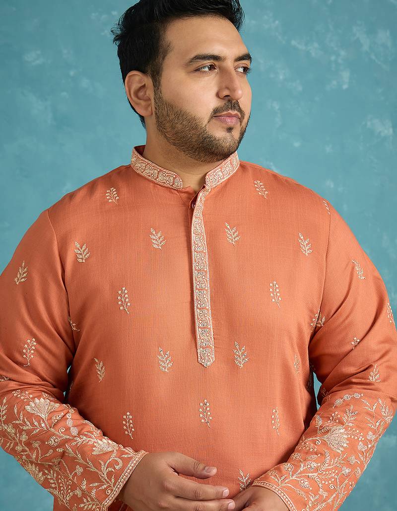Men’s peach embroidered silk blend kurta – traditional ethnic wear for wedding & festive occasions