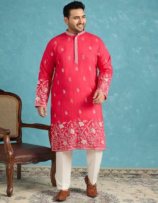 pink embroidered silk blend kurta traditional ethnic wear for wedding & festive occasions 5