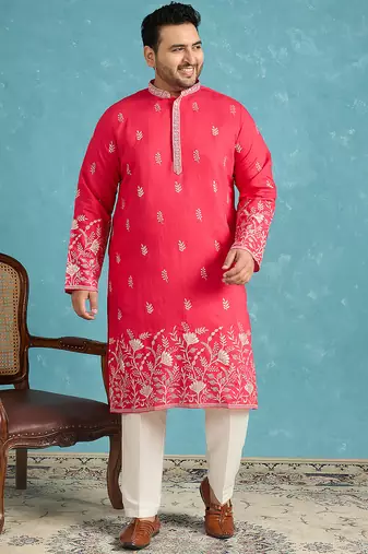 pink embroidered silk blend kurta