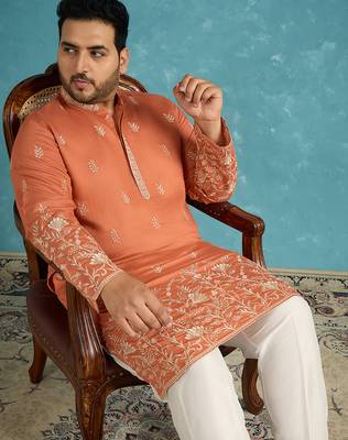 Men’s peach embroidered silk blend kurta – traditional ethnic wear for wedding & festive occasions 2
