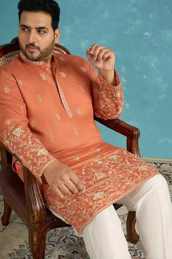 Men’s peach embroidered silk blend kurta – traditional ethnic wear for wedding & festive occasions