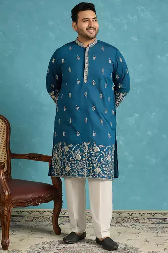 blue embroidered silk blend kurta