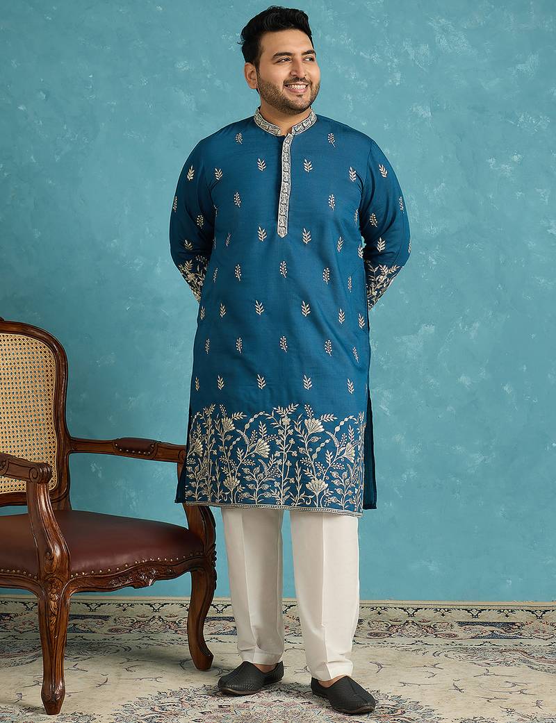 blue embroidered silk blend kurta