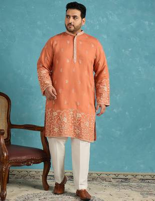 Men’s peach embroidered silk blend kurta – traditional ethnic wear for wedding & festive occasions 3