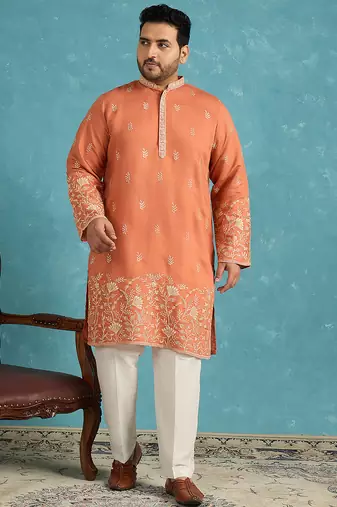 Men’s peach embroidered silk blend kurta – traditional ethnic wear for wedding & festive occasions