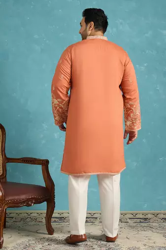 Men’s peach embroidered silk blend kurta – traditional ethnic wear for wedding & festive occasions