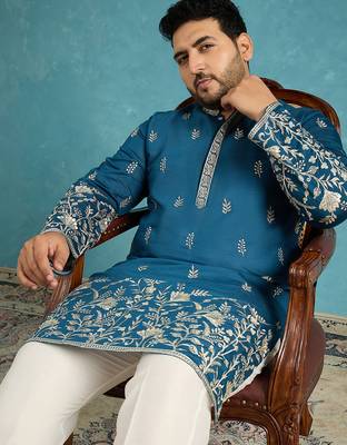 blue embroidered silk blend kurta 2