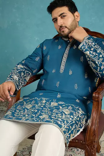 blue embroidered silk blend kurta