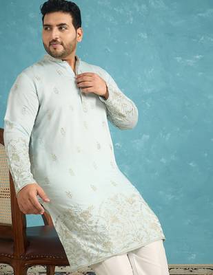 Men’s blue embroidered silk blend kurta – traditional ethnic wear for wedding & festive occasions 1