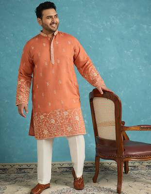 Men’s peach embroidered silk blend kurta – traditional ethnic wear for wedding & festive occasions 5