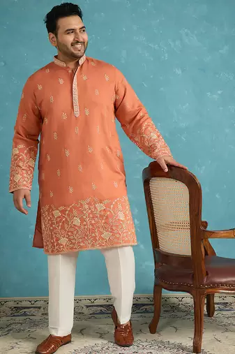 Men’s peach embroidered silk blend kurta – traditional ethnic wear for wedding & festive occasions