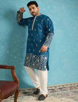 blue embroidered silk blend kurta 3