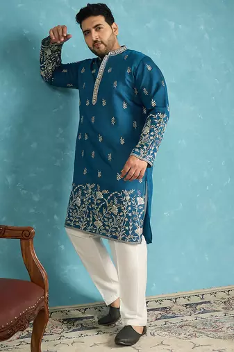 blue embroidered silk blend kurta