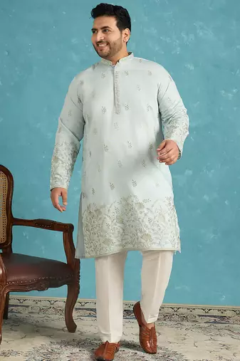 Men’s blue embroidered silk blend kurta – traditional ethnic wear for wedding & festive occasions