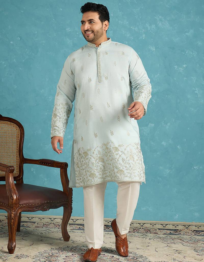 Men’s blue embroidered silk blend kurta – traditional ethnic wear for wedding & festive occasions