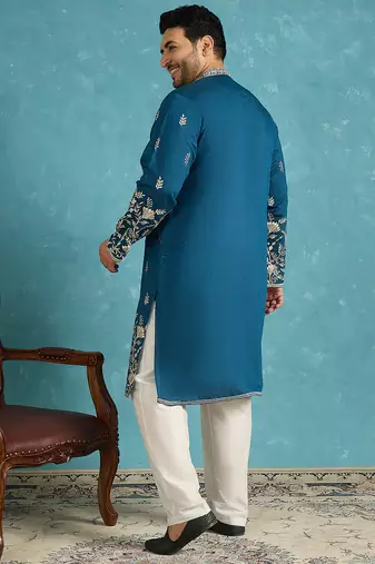 blue embroidered silk blend kurta
