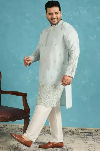 Men’s blue embroidered silk blend kurta – traditional ethnic wear for wedding & festive occasions
