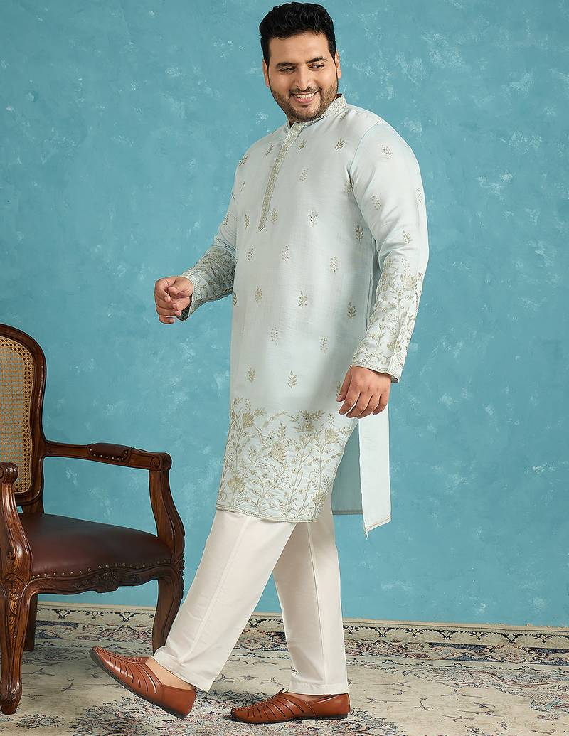 Men’s blue embroidered silk blend kurta – traditional ethnic wear for wedding & festive occasions