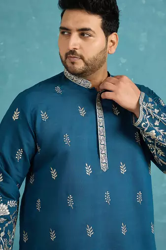 blue embroidered silk blend kurta