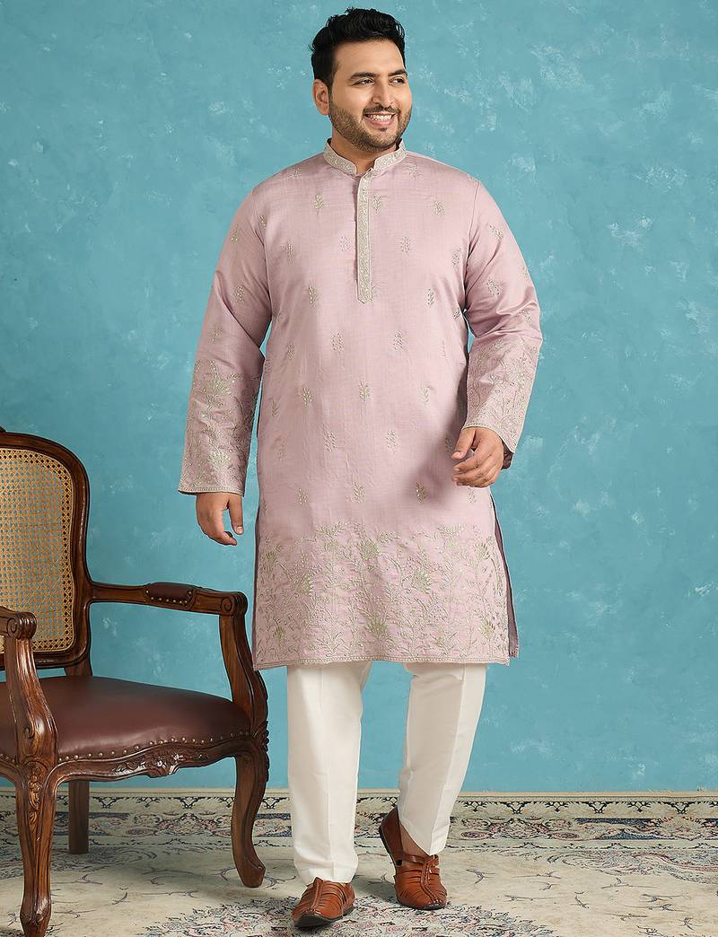 Men’s lavender embroidered silk blend kurta – traditional ethnic wear for wedding & festive occasions