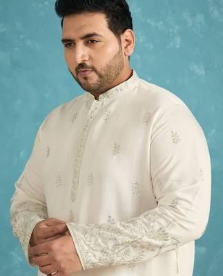 Men’s white embroidered silk blend kurta – traditional ethnic wear for wedding & festive occasions 1