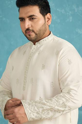 Men’s white embroidered silk blend kurta – traditional ethnic wear for wedding & festive occasions