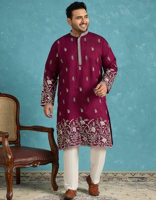 Men’s purple embroidered silk blend kurta – traditional ethnic wear for wedding & festive occasions 1