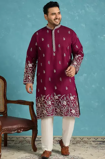 purple embroidered silk blend kurta