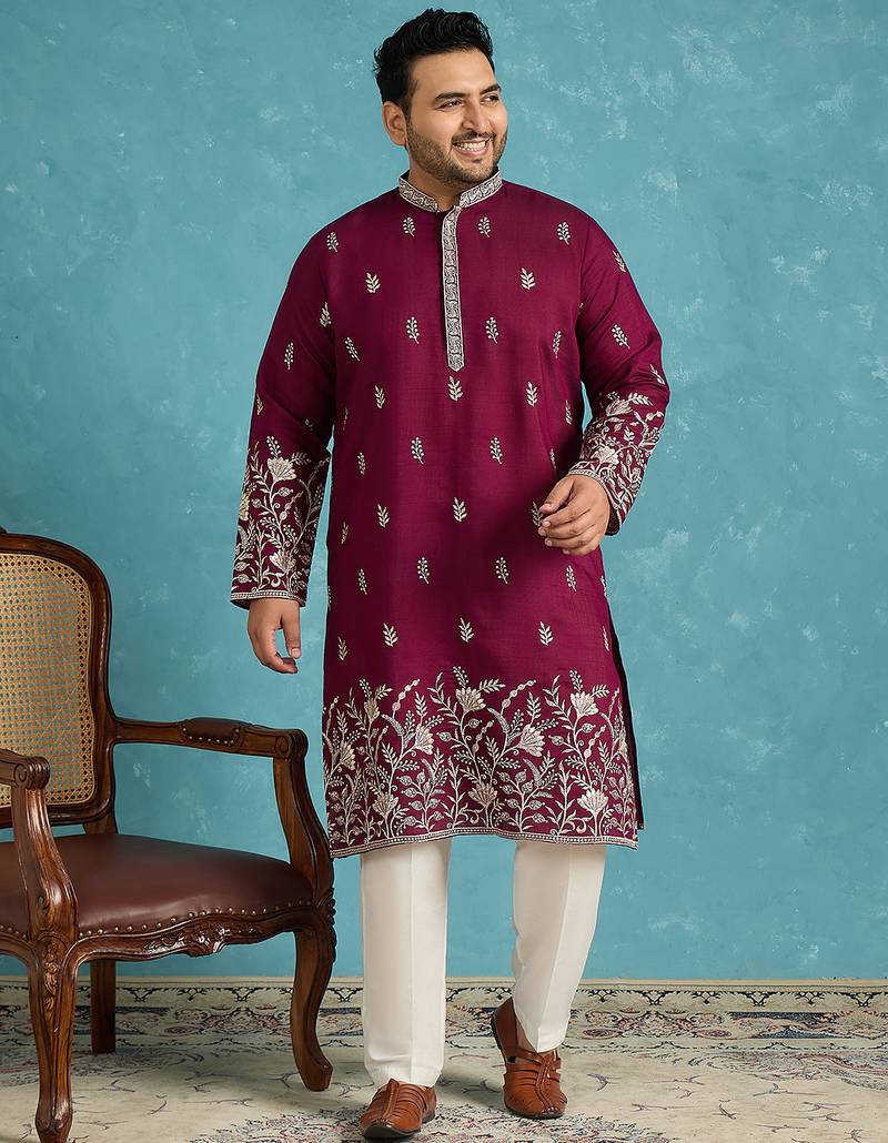 Men’s purple embroidered silk blend kurta – traditional ethnic wear for wedding & festive occasions
