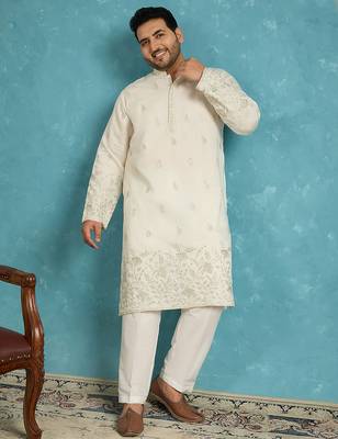 Men’s white embroidered silk blend kurta – traditional ethnic wear for wedding & festive occasions 2