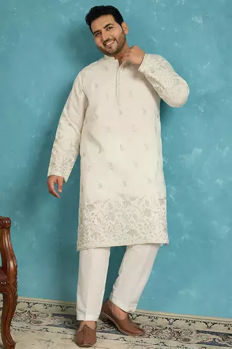 Men’s white embroidered silk blend kurta – traditional ethnic wear for wedding & festive occasions