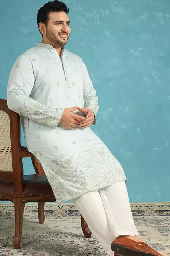Men’s blue embroidered silk blend kurta – traditional ethnic wear for wedding & festive occasions