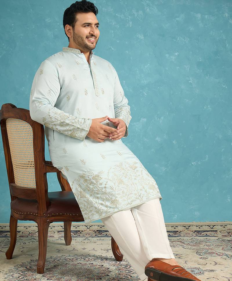 Men’s blue embroidered silk blend kurta – traditional ethnic wear for wedding & festive occasions