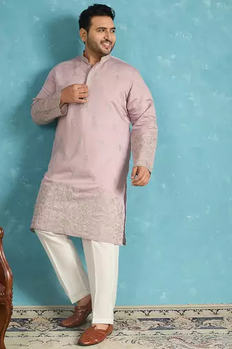 Men’s lavender embroidered silk blend kurta – traditional ethnic wear for wedding & festive occasions