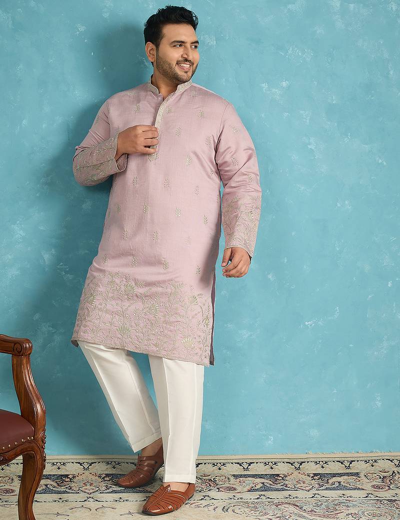 Men’s lavender embroidered silk blend kurta – traditional ethnic wear for wedding & festive occasions